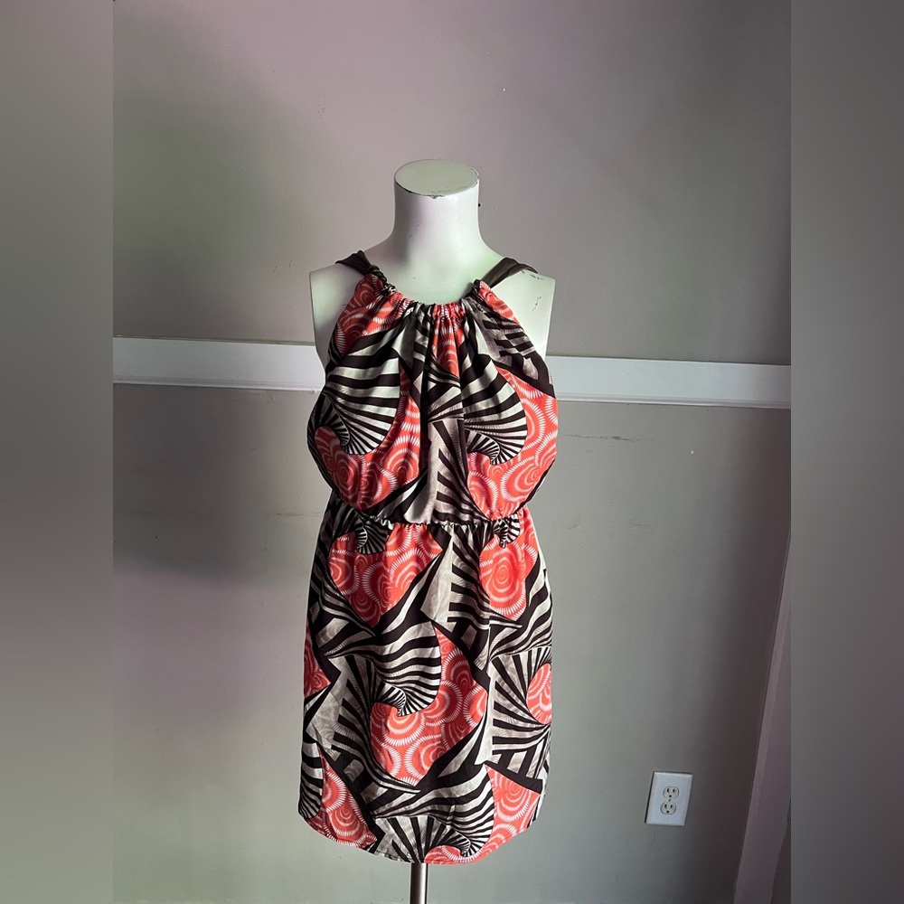 My Story Coral and Black Patterned Halter Dress